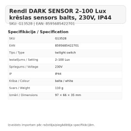 Rendl DARK SENSOR 2–100 Lux krēslas sensors balts, 230V, IP44