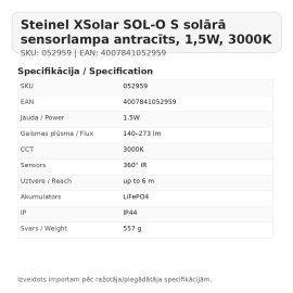 Steinel XSolar SOL-O S solārā sensorlampa antracīts, 1,5W, 3000K