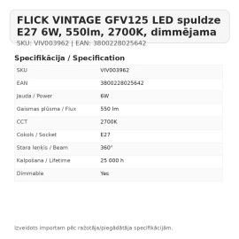FLICK VINTAGE GFV125 LED spuldze E27 6W, 550lm, 2700K, dimmējama (VIVALUX)
