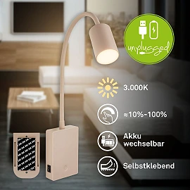 Briloner SMOOTH 4067011 rechargeable dimmable LED reading light with flexible arm, 2 W, 150 lm, 3000 K, beige
