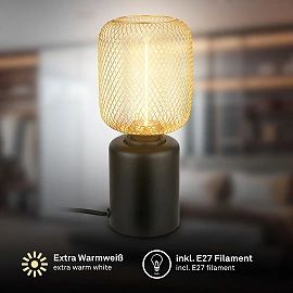 Rist table lamp with wire mesh, E27, 4W, 1800K, black/gold (Briloner 7583017)