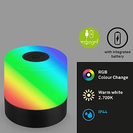 LED battery table lamp 7 cm, USB-C, 1.5 W, 100 lm, IP44, black