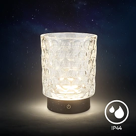 LED battery table lamp SUNORA 11 cm, 2 W, 150 lm, 2700K, IP44, clear (Briloner)
