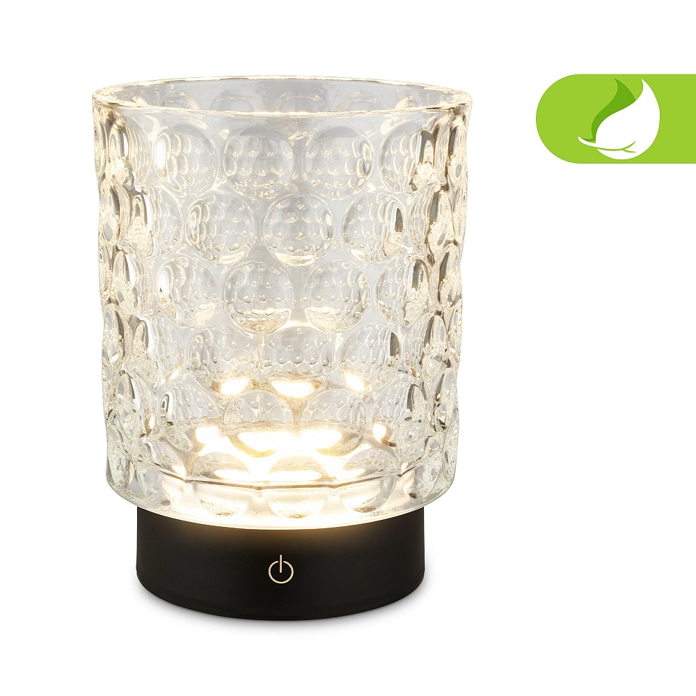 LED battery table lamp SUNORA 11 cm, 2 W, 150 lm, 2700K, IP44, clear (Briloner)