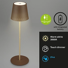 LED battery table lamp 38 cm, 2.6 W, 280 lm, IP44, brown/gold