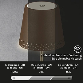 LED battery table lamp 38 cm, 2.6 W, 280 lm, IP44, brown/gold