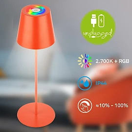 LED RGBW battery table lamp 12x36 cm, 2.5 W, 200 lm, IP44, orange, 3-in-1 bottle top (Briloner)
