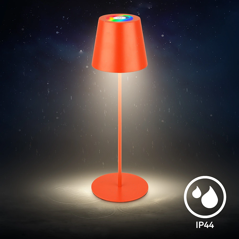 LED RGBW battery table lamp 12x36 cm, 2.5 W, 200 lm, IP44, orange, 3-in-1 bottle top (Briloner)