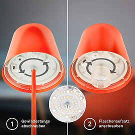 LED RGBW battery table lamp 12x36 cm, 2.5 W, 200 lm, IP44, orange, 3-in-1 bottle top (Briloner)