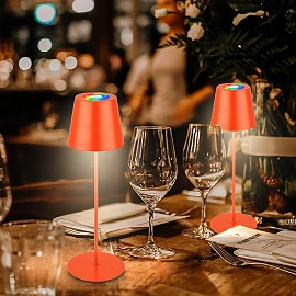 LED RGBW battery table lamp 12x36 cm, 2.5 W, 200 lm, IP44, orange, 3-in-1 bottle top (Briloner)