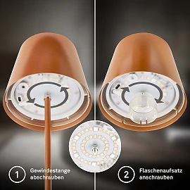 LED RGBW battery table lamp Calida 12×36 cm, 2.5 W, 200 lm, IP44, bronze
