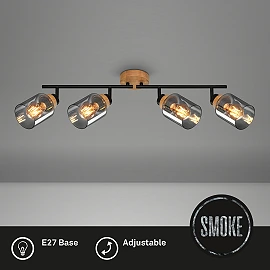 Adjustable ceiling light bar HEMA, 68 cm, 4xE27, smoke glass, black/wood