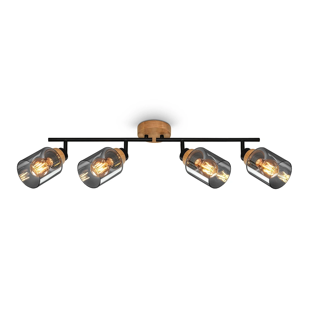 Adjustable ceiling light bar HEMA, 68 cm, 4xE27, smoke glass, black/wood