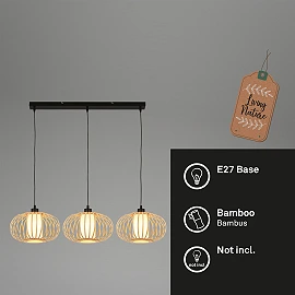 Pendant ceiling lamp 120 cm, 3×E27 max 10W, bamboo wood colour (Briloner)