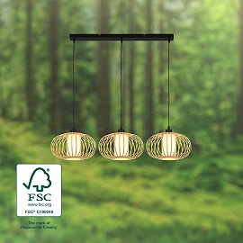 Pendant ceiling lamp 120 cm, 3×E27 max 10W, bamboo wood colour (Briloner)