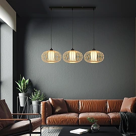 Pendant ceiling lamp 120 cm, 3×E27 max 10W, bamboo wood colour (Briloner)