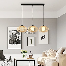 Pendant ceiling lamp 120 cm, 3×E27 max 10W, bamboo wood colour (Briloner)