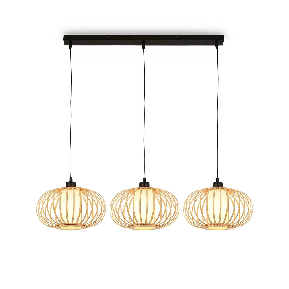 Pendant ceiling lamp 120 cm, 3×E27 max 10W, bamboo wood colour (Briloner)