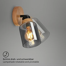 Briloner Hema adjustable wall light 21 cm, E27, smoke glass/wood, black (2485015)