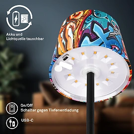 BOJA wireless LED table lamp, IP44, dimmable, graffiti design