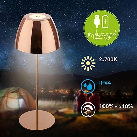 SERINA bezvadu LED galda lampa, IP44, dimmējama, vara krāsā