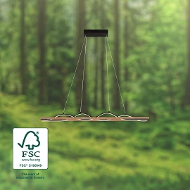 VINKA LED pendant light, wave shape, wood decor, black
