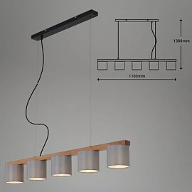 RHON pendant light grey/wood, 5xE14, 110 cm (BRILONER)