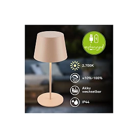 NIVO rechargeable table lamp, 1.2W, 120lm, 2700K, IP44, beige (Briloner)