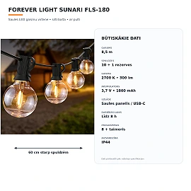 SUNARI FLS-180 solar LED string light 8.5 m 10+1 bulbs 2700K with remote (Forever Light RTV222476)