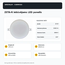 ZETA-R recessed LED panel 24 W, 2100 lm, 3000 K, IP44 front (GreenLUX GXDW323)
