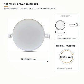 ZETA-R recessed LED panel 24 W, 2100 lm, 3000 K, IP44 front (GreenLUX GXDW323)