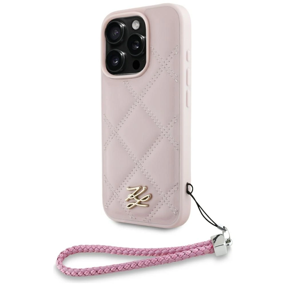 Karl Lagerfeld Quilted PU Initial Logo & Chain Strap Case for iPhone 16 Pro Max – Pink