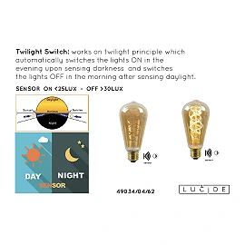 4W, E27, LED Filament outdoor bulb "AMBER", with twilight sensor, 230LM, 2200K - 49034-04-62 (Lucide)