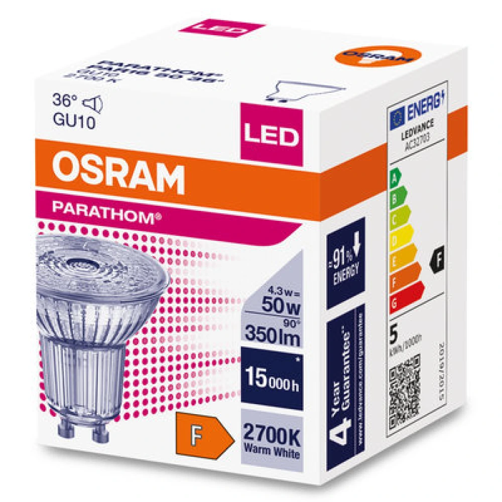 4.3W, GU10, LED spot, 827 (30W) 2700K 350lm 36° - LEDVANCE