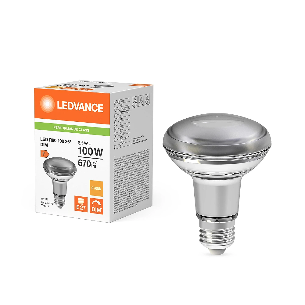 LED reflector bulb R80 E27 8.5W 2700K 670lm 36° dimmable (LEDVANCE)