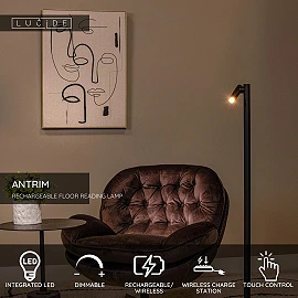 ANTRIM rechargeable floor reading lamp LED 1x2.2 W 2700 K black (Lucide)