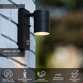 ARNE-LED IR outdoor wall spotlight with PIR motion and day/night sensors, 1 × GU10 LED, 5 W, 2700 K, black (Lucide)