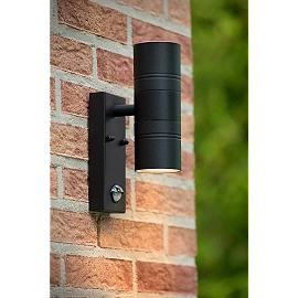 ARNE-LED IR outdoor wall spotlight with PIR motion and day/night sensors, 2 × GU10 LED, 5 W each, 2700 K, black (Lucide)