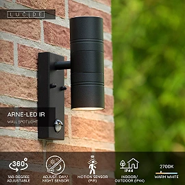 ARNE-LED IR outdoor wall spotlight with PIR motion and day/night sensors, 2 × GU10 LED, 5 W each, 2700 K, black (Lucide)