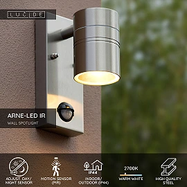 ARNE-LED outdoor wall spotlight 1xGU10 with motion sensor Satin Chrome (Lucide)