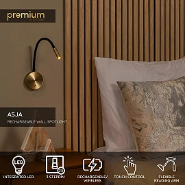 ASJA rechargeable LED wall reading light 3 W 2700 K matt gold/brass (Lucide)