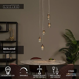 BERLIANE Pendant light LED dim 5x4W 2700K Transparent (Lucide)
