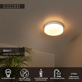 BISKIT bathroom ceiling light with microwave motion sensor, integrated LED, 12 W, 700 lm, 2700 K, white (Lucide)