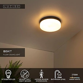 BISKIT vannas istabas griestu lampa ar mikroviļņu kustības sensoru, integrēts LED, 18 W, 1150 lm, 2700 K, melna (Lucide)