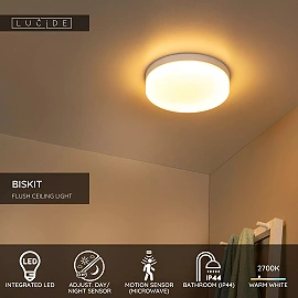 BISKIT vannas istabas griestu lampa ar mikroviļņu kustības sensoru, integrēts LED, 18 W, 1150 lm, 2700 K, balta (Lucide)