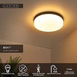 BISKIT vannas istabas griestu lampa ar mikroviļņu kustības sensoru, integrēts LED, 24 W, 1550 lm, 2700 K, melna (Lucide)