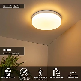 BISKIT vannas istabas griestu lampa ar mikroviļņu kustības sensoru, integrēts LED, 24 W, 1550 lm, 2700 K, balta (Lucide)