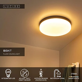 BISKIT vannas istabas griestu lampa ar mikroviļņu kustības sensoru, integrēts LED, 36 W, 2200 lm, 2700 K, melna (Lucide)