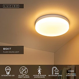 BISKIT vannas istabas griestu lampa ar mikroviļņu kustības sensoru, integrēts LED, 36 W, 2200 lm, 2700 K, balta (Lucide)
