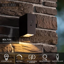 BOLTON solar outdoor wall light with PIR motion and day/night sensors, solar LED, 1 W, 100 lm, 3000 K, black (Lucide)